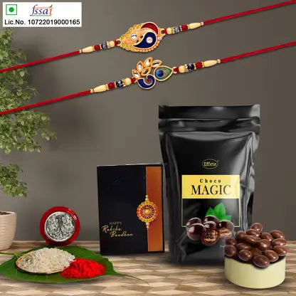 Rakhi Gift Set With 2 Designer Rakhis For Brother  Includes Choco Magic Pack Silver Coin Roli Chawal  Greeting Card Rakhi Gift Set With 2 Designer Rakhis For Brother  Includes Choco Magic Pack Silver Coin Roli Chawal  Greeting Card